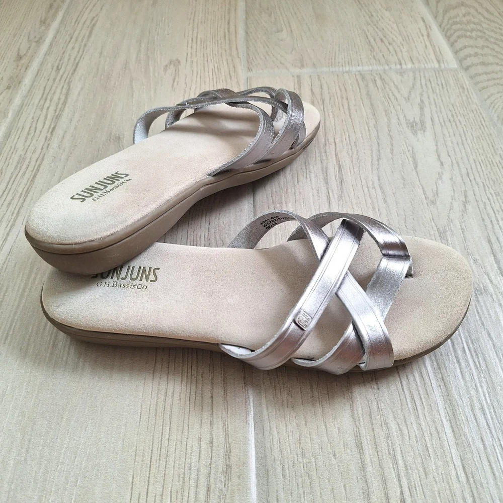 GH Bass Co Sunjuns Sharon Silver Leather Strappy Flat Sandals Thong Size 6.5 - Picture 2 of 8